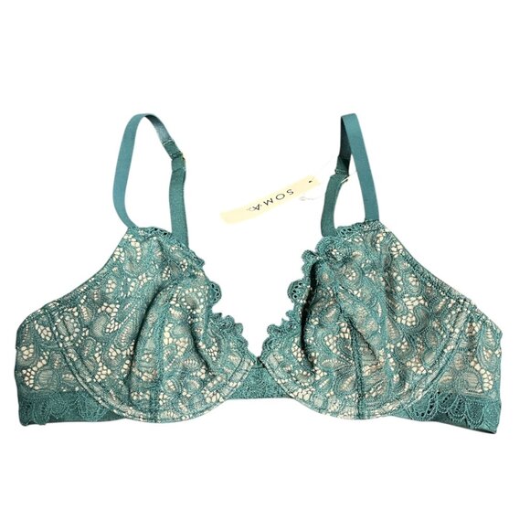 Soma Bra Unlined Lace Plunge NEW Dark Forest Green 34B Convertible - Picture 1 of 8